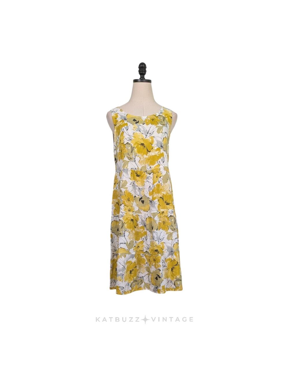 Floral Linen Midi Dress S Yellow White Tiered Italy Sleeveless Sundress Beach